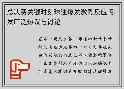 总决赛关键时刻球迷爆发激烈反应 引发广泛热议与讨论