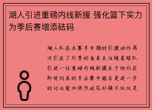 湖人引进重磅内线新援 强化篮下实力为季后赛增添砝码